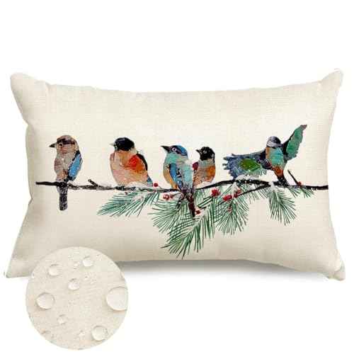 RABUSOFA Christmas Outdoor Pillow Covers Waterproof 12x20 Inch Birds Christmas Winter Decorations Lumbar Throw Pillow Cases Xmas Birds Decor Decorative Pillows for Couch Holiday Teal