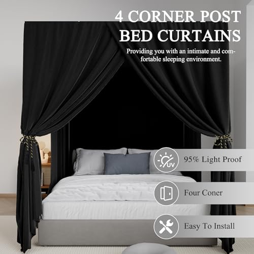King Black Canopy Bed Curtain 4 Corner Post Bed Drapes - Lightproof & Breathable