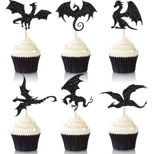 36 Pieces Dragon Cupcake Toppers Black Glitter Cake Picks Cool Dinosaur Cupcake Topper for Dragon Themed Party Birthday Christmas Fantasy Themed Party Decoration, 6 Styles
