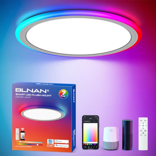 BLNAN 13 Inch Smart RGB LED Flush Mount Ceiling Light with Remote, Dimmable Color Changing Fixture, Alexa Google Compatible