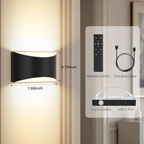 Wireless Battery Wall Sconces Set of 2 - Rechargeable Dimmable Black Lighting