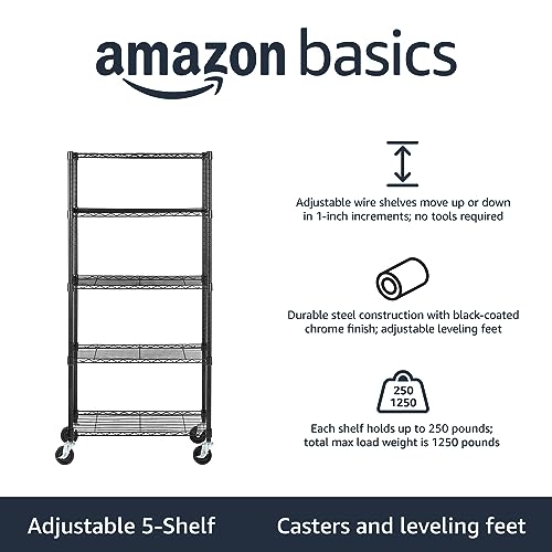 Heavy Duty Garage Shelving Storage Rack with Wheels - 5-Shelf, 30 x 14 x 64.75 inches, Black, Adjustable Steel Organizer