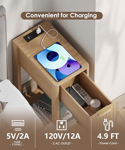 Narrow Nightstand Set 2 with Charging Station - Natural Oak, 15.7D x 9.4W x 23.6H