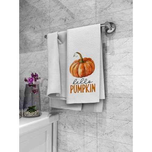 Dibor Fall Leaf Pumpkin Kitchen Towels Dishcloth Set of 2, Fall Gifts for Women, Burnt Orange Towels, Hello Pumpkin Autumn Leaf Decorative Dish Towel Hand Tea Towel for Bathroom Kitchen, 16x24 in