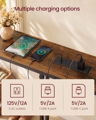 Adjustable Console Table with Power Outlet - Rustic Brown & Matte Black, 78.7"