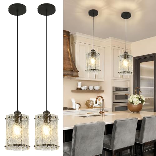Black Pendant Lights Kitchen Island 2-Pack Water Ripple Glass Fixtures Modern Adjustable Hanging Lighting for Dining Room & Entryway