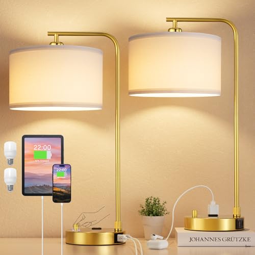 Gold Bedside Lamps Set of 2 with White Shade, Dimmable Nightstand Lamps with USB Ports