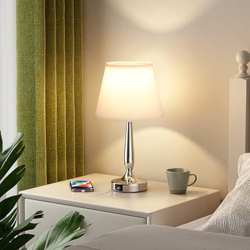 Kakanuo Silver Touch Bedside Table Lamp with USB & 3-Way Dimmable Light - White & Silver