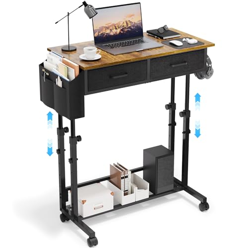 Rustic Brown Small Rolling Standing Desk with 2 Fabric Drawers & Storage Shelf - Height Adjustable Mobile Workspace for Home Office & Small Spaces