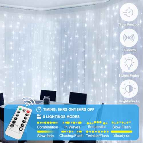 300 LED Fairy Curtain Lights, 9.8 x 9.8FT Cold White USB Plug in 8 Modes String Hanging Lights with Remote for Christmas, Bedroom, Indoor, Outdoor, Weddings, Party (Cold White)