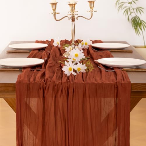 Socomi Thanksgiving Fall Table Runner Terracotta Cheesecloth Gauze Burnt Orange Boho Rustic Farmhouse 120 inch 10FT Cheese Cloth Runner for Wedding Party Baby Shower Home Decor Holiday Decorations