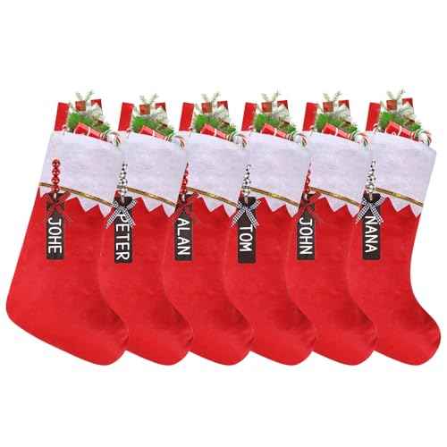 CCINEE 6pcs Felt Christmas Stockings, Large Personalized Cable Xmas Hanging Stocking Decorations with Wooden Name Tags for Christmas Tree Wall Fireplace Home Decoration(Red)