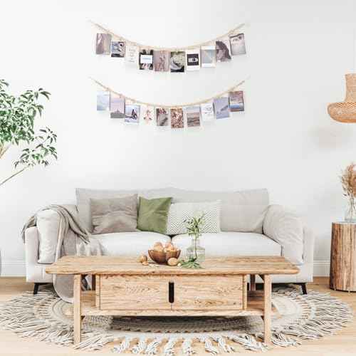 Mkono Hanging Photo Display with Clips, Boho Wooden Bead Garland Banner, Collage Card Picture Kids Art Holder String with 10 Clips for Christmas Bedroom Dorm Decor, Teen Girl Gifts, Brown, 2 Pack