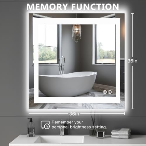 36x36 Inch LED Bathroom Mirror - Anti-Fog Rectangular Vanity Mirror with Touch Dimming, Color Temp & Memory - White