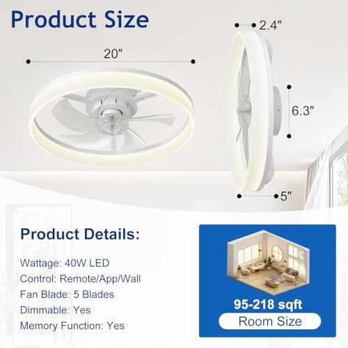 White 20-Inch Ceiling Fan with Lights and Remote Control - Modern Low Profile Design
