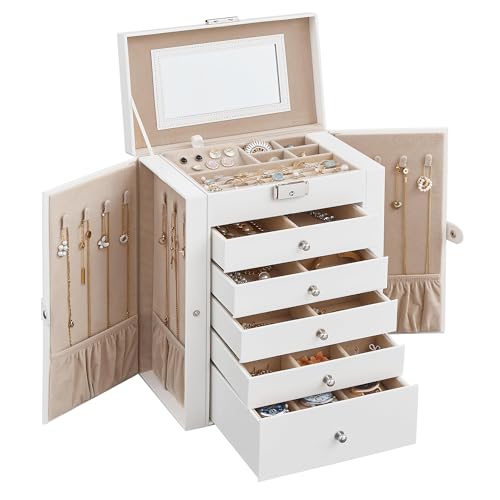6 Tier Jewelry Box Organizer with Mirror & Lock - White