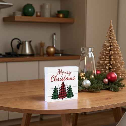 Christmas Table Decorations Christmas Decor Indoor Home Room Buffalo Plaid Tree Office Bathroom Wood Box Sign Rustic Wooden Shelf Desk Decor Season Sign House Warming Gifts 5.9 x 5.9 Inch