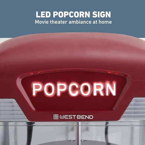 West Bend Theater Popcorn Machine 4 Qt. Red Nonstick Kettle for Movie Night