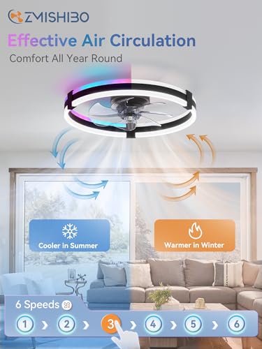 ZMISHIBO 20-Inch Black RGB Ceiling Fan with Lights Remote Control