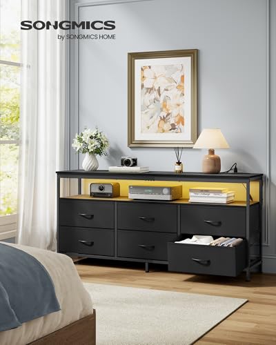 SONGMICS Wide 6-Drawer Dresser in Ink Black with Open Shelf - 13.8"D x 57.8"W x 26.8"H
