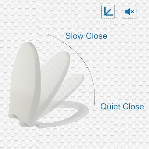Elongated Toilet Seat Slow Close White 18.5 Inch No Baby Seat - Durable & Easy to Install