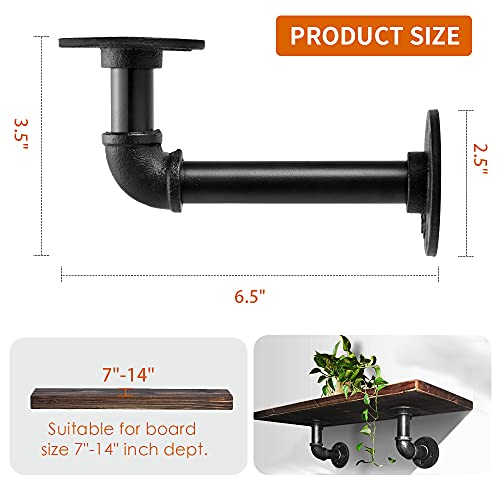 Industrial Pipe Shelf Brackets 6 Pack for 7-14 Inch Boards Heavy Duty Wall Shelves - Black Variation of 6 Pcs (for board depth 7-14 inches)