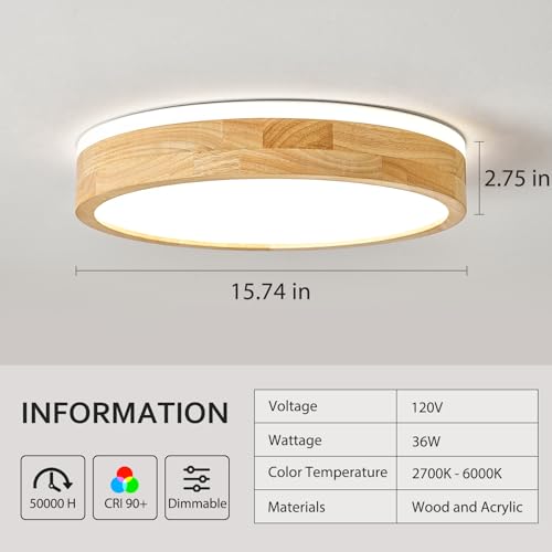 Dimmable Wood Flush Mount Ceiling Light 15.74in - 5CCT Adjustable Modern LED Fixture
