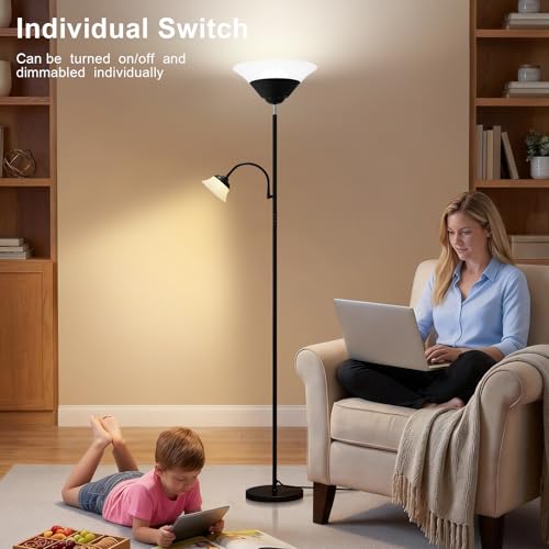 Black 2-in-1 LED Floor Lamp with Remote & Touch Control - Dimmable Reading Light, Adjustable Corner Uplighter & Downlight, 72"