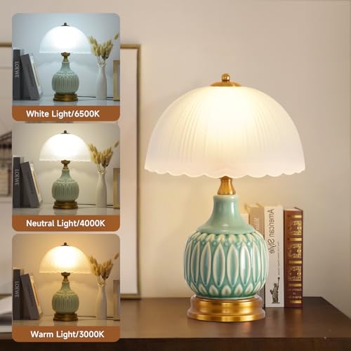 Retro Ceramic Table Lamp 15" Green Glass Shade for Living Room & Bedroom, WELAISA