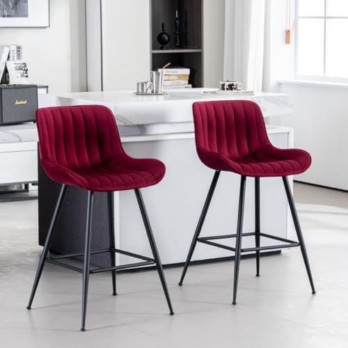 Whiterye Velvet Upholstered Set of 2 Counter Bar Stools - Burgundy