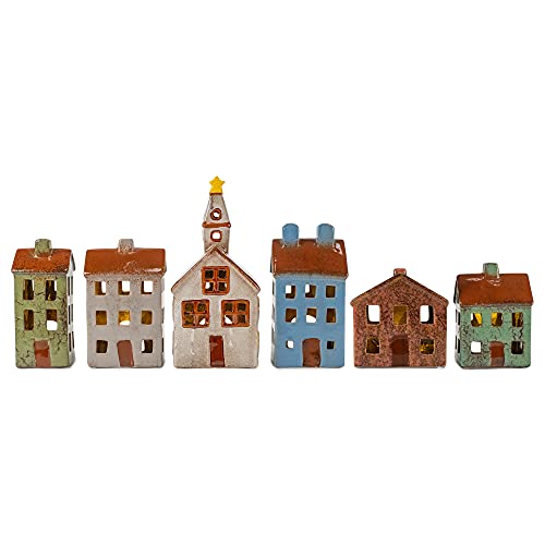 Mark Feldstein LED Village Houses & Church Figurines, 12 Pieces - Ceramic Lighted Decor Set