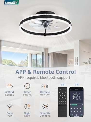 20-Inch Ceiling Fan with Lights and Remote - Black Low Profile Modern Flush Mount
