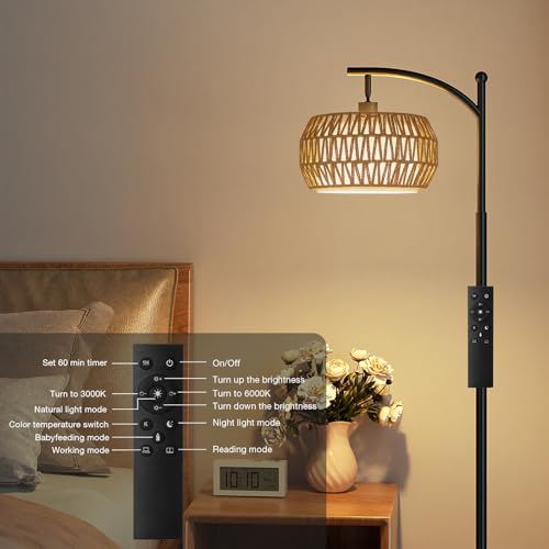 Ambimall Black Bohemian Arc Floor Lamp with Rattan & Linen Shades, Remote Control