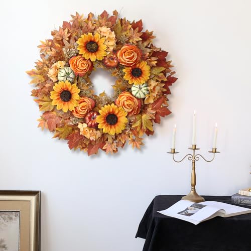 28-Inch Artificial Maple Leaves Fall Wreath for Front Door - Autumn Decor