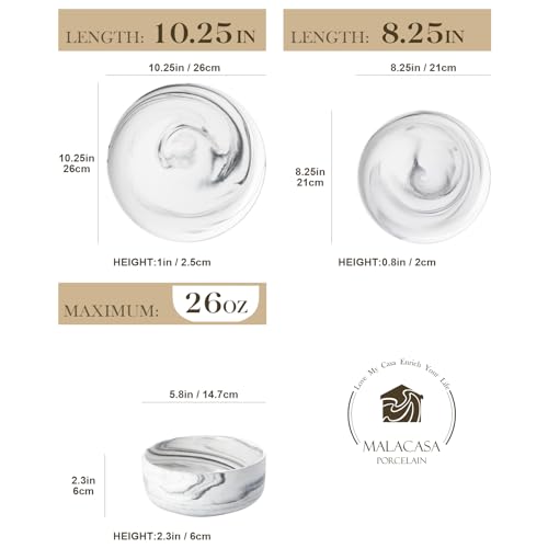 Marble Grey Porcelain Dinnerware Set for 4 - 12 Pieces, Chip & Crack Resistant