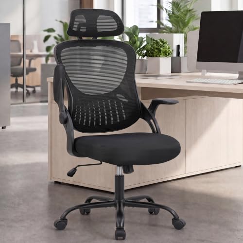 DUMOS Black Ergonomic Office Chair with Lumbar Support & Flip-up Armrests