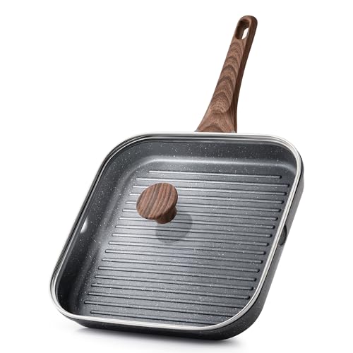 Gray Granite 11 Inch Nonstick Grill Pan with Lid - Square Indoor Outdoor Griddle