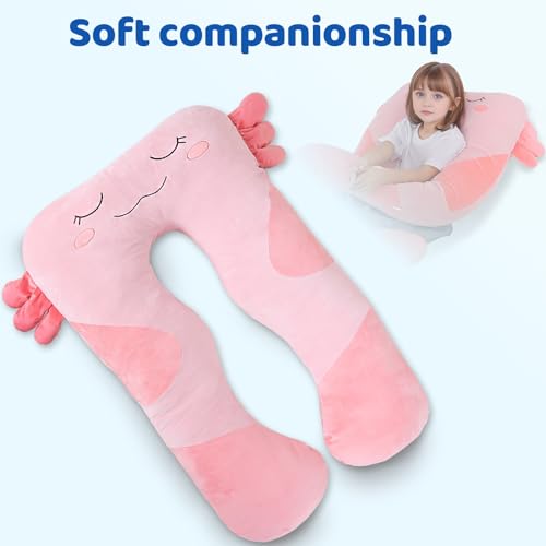 Pink Axolotl U-Shaped Plush Body Pillow for Kids - Soft Large Sleeping Cushion