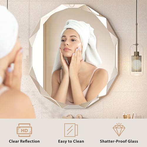 24x30 Inch Frameless Bathroom Mirror - Round, Diamond Beveled Edge, Wall Mount, Over Sink, 30L x 24W - Gray Finish