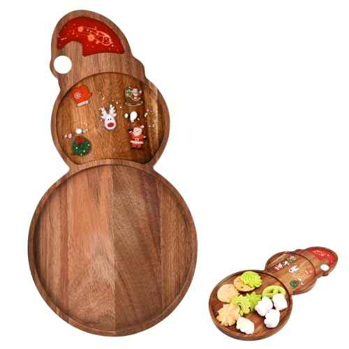 Christmas Serving Platter Mitten Shape Acacia Wood Serving Tray Charcuterie Board Handcrafted Resin Wooden Tray Snack Platters Gifts Party Supplies Wood Candy Dish (Snowman)