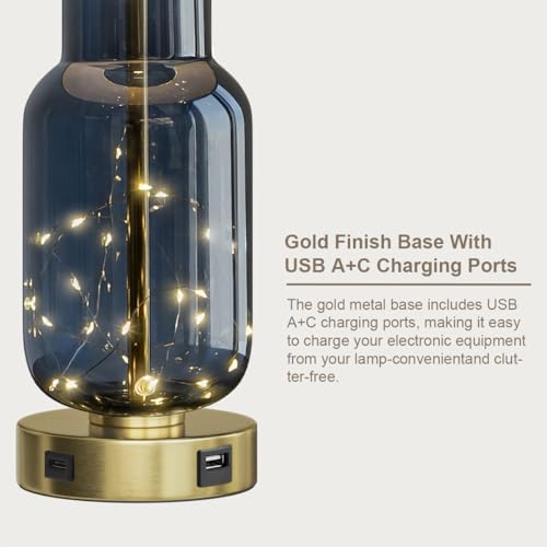 Oneach 22-Inch Blue Glass Table Lamps Set of 2 with USB Charging & Nightlight