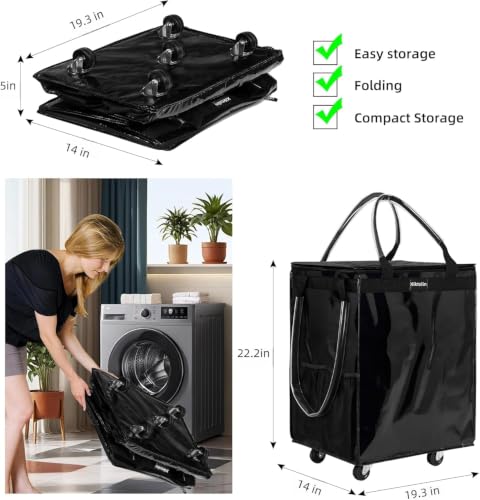 Large Black Reusable Grocery Bag with 5 Wheels Foldable Rolling Tote