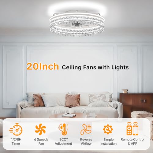 Ivory 20-Inch Ceiling Fan with Light, Remote & Dimmable LED, Low Profile