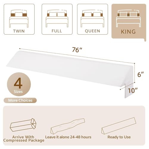 Bedluxe King Bed Wedge Pillow for Headboard 76x10x6 Inches, White, Fill the 0-7 Inch Gap