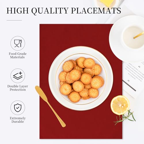 AuraNestle Burgundy Linen-Look Placemat Set of 6, 19x13 Inch, Double Layer Heat-Resistant