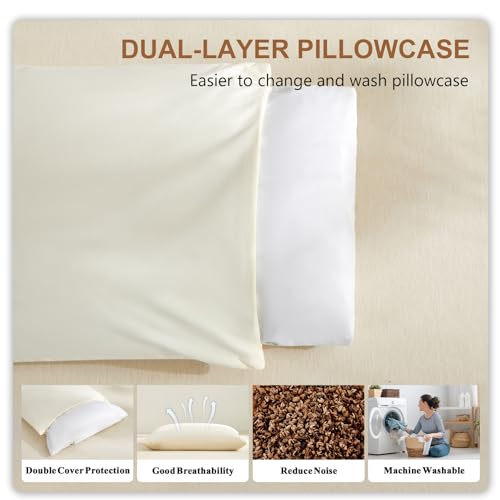 MIOTO Organic Buckwheat Pillow 14x20 Off White with Adjustable Fill & Extra Cover