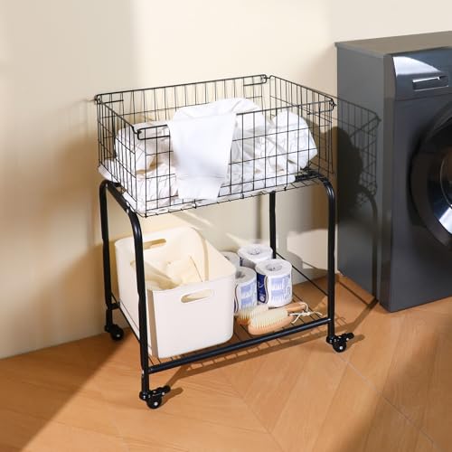 HENNZE Black Rolling Laundry Basket with Wheels & Locking Casters