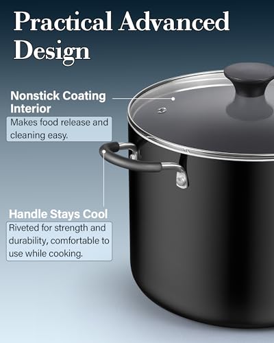 Black 10.5 Qt Nonstick Stock Pot with Lid - Heavy Duty Cooking Utensil