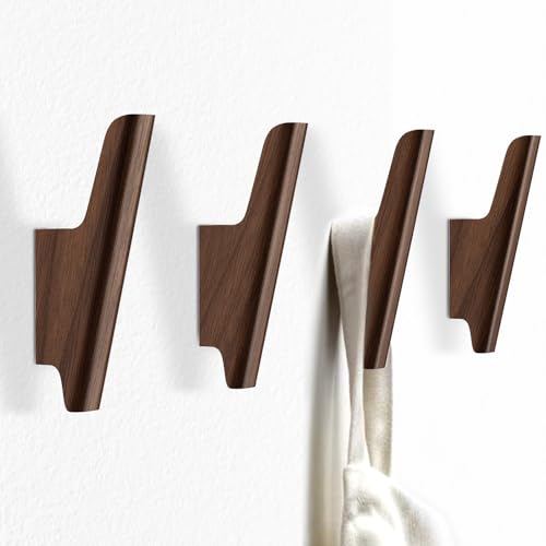 FCOWK Walnut Wooden Wall Hooks 4-Pack - Heavy Duty Coat & Towel Hooks for Bathroom & Home