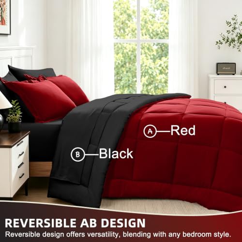 FUANNA Reversible King Size Comforter Set 7 Pieces - Red & Black